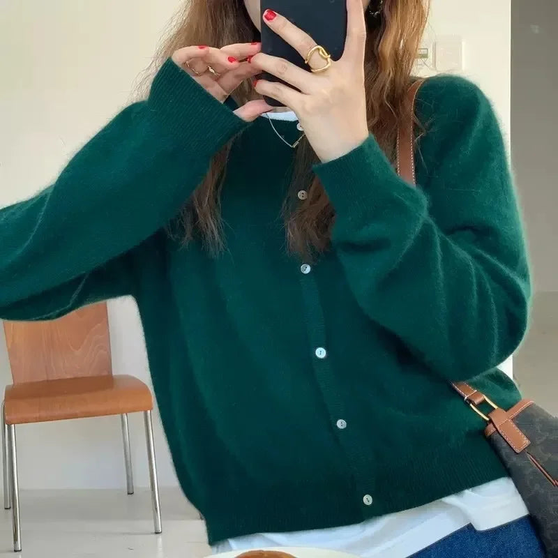 2024 Cashmere Sweater Cardigan Women Single Breasted Long Sleeve Elegant Vintage Jumper Solid Wool Knitted Autumn Winter Outwear